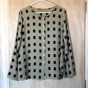 CUT LOOSE Button Front Blouse XS Black Olive Geometric Long Sleeve Top